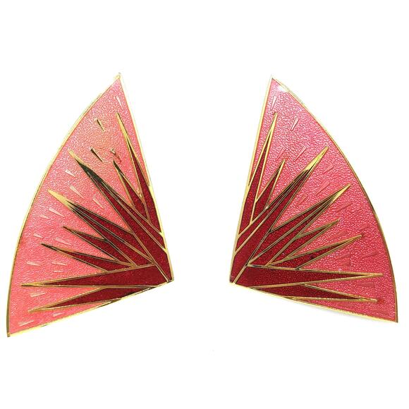 Vintage Isle of Skye Red Rose Fan Clip Earrings, Gold Plated Enamel - Picture 10 of 10